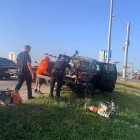The suspect's vehicle exited I-35 at the 215 mile marker and crashed into a light pole on I-35 west access at Kyle Parkway.